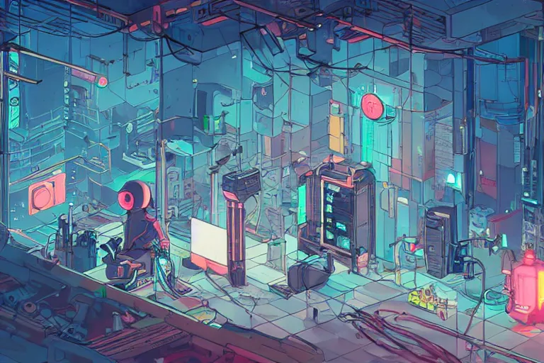 Image similar to robot repair shop, broken robot on ground, science-fiction, cyberpunk, neon lights, mist, cables, computer screens, girl working, windows, 8k, illustration, art by ghibli and moebius