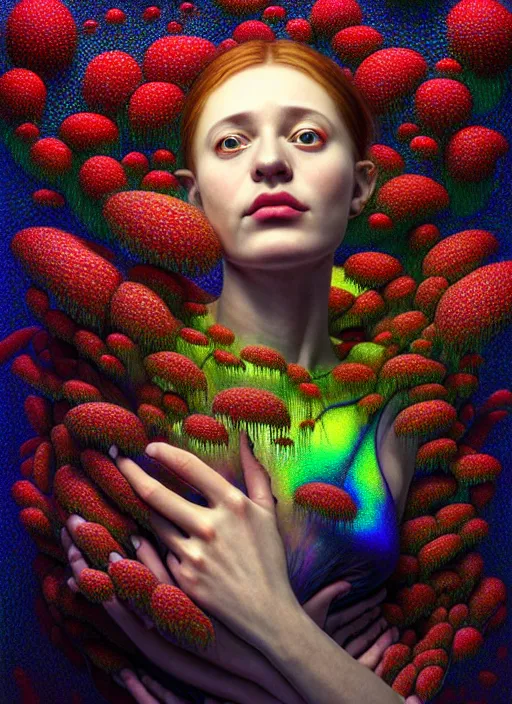 Image similar to hyper detailed 3d render like a Oil painting - Aurora (Singer) Eats of the Strangling Fruit of penance open eyes and Her Hands full of gossamer polyp blossoms bring iridescent fungal flowers whose spores black the foolish stars by Jacek Yerka, Mariusz Lewandowski, Houdini algorithmic generative render, Abstract brush strokes, Masterpiece, Edward Hopper and James Gilleard, Zdzislaw Beksinski, Mark Ryden, Wolfgang Lettl, hints of Yayoi Kasuma, octane render, 8k