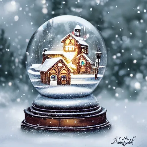 Image similar to An amazingly beautiful!!!! Snowglobe!!! With a tiny village inside and little tiny people, there are snowflakes falling around the snowglobe and the snowglobe is sitting in the snow, everything is wintery, sparkly and truly magical, arctic, summer, 8k resolution matte fantasy painting, cinematic lighting, DeviantArt, Artstation, Jason Felix Steve Argyle Tyler Jacobson Peter Mohrbacher