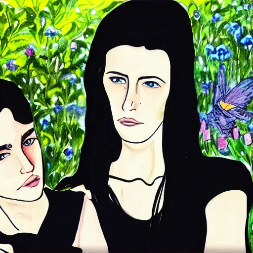 Prompt: stoic heroic emotionless blond butch tomboy woman holding hands with taller goth black - haired dark fae jennifer connelly, in love, romantic in romantic garden, mike mignogna, illustration, pen and ink, oil painting
