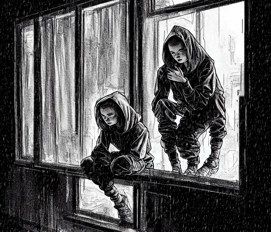 Prompt: sadie sink in hoodie sits on windowsill, knees tucked in as rain falls at night : b & w storyboard drawing, scifi cyberpunk. by joe alves, gabriel hardman, chris bonura. cinematic atmosphere, detailed and intricate, perfect anatomy