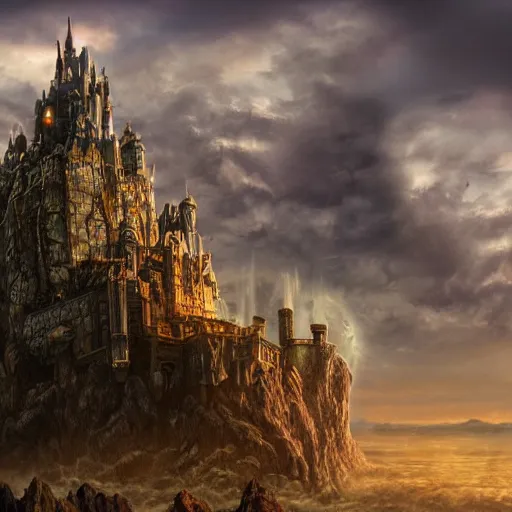 Image similar to large fantasy castle rising from the top of a giant tortoise, towering over a harsh barren wasteland, howls moving castle, mortal engines, kaiju, distant shot angled slightly up, fantasy, hyper detailed, 4 k