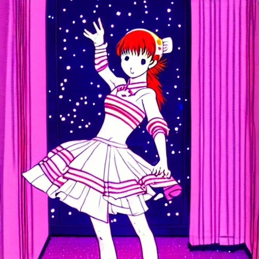 Image similar to cute girl wearing a white girl dancing joyfully in her bedroom at night, cyberpunk lighting, illustrated by naoko takeuchi