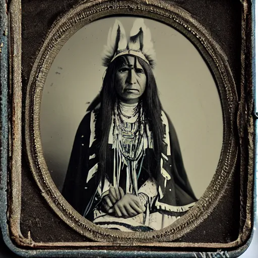 Prompt: daguerreotype ambrotype of a native american high priestess very intricate, highly detailed,