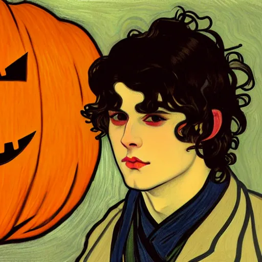 Image similar to painting of young cute handsome beautiful dark medium wavy hair man in his 2 0 s named shadow taehyung at the halloween pumpkin jack o'lantern party, depressed, melancholy, autumn, japan, elegant, clear, painting, stylized, delicate, soft facial features, delicate facial features, soft art, art by alphonse mucha, vincent van gogh, egon schiele