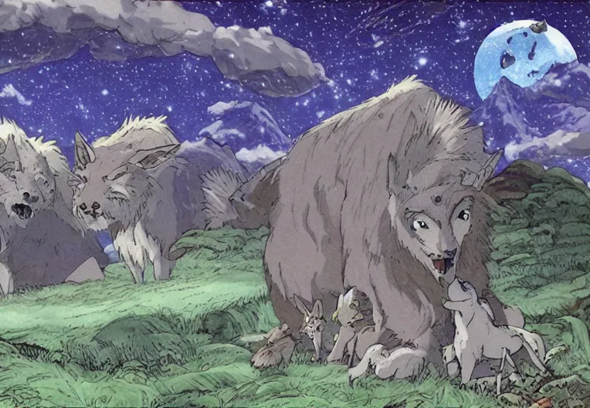 Prompt: a cell - shaded cartoon from princess mononoke ( 1 9 9 7 ) showing a huge giant grey monster. in the background is machu pichu on a misty and starry night. very dull muted colors, hd, 4 k, hq