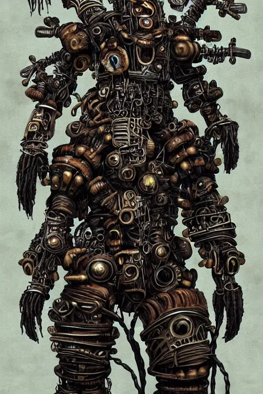 Image similar to wild monstorous anthropomorphic biomechanical bear shaman-warrior wearing and voodoo artifacts. Wearing dreadlocks made of cables and wires. Upgraded with hightech cyberwares. huge, big, giant bear human hybrid, mecha animal, tall, detailed woodcut armor, terrifying and dangerous, scary, beautiful, steampunk monster android hybrid art portrait, matte scifi fantasy painting, half robot half bear. DeviantArt Artstation, by Jason Felix by Steve Argyle by Tyler Jacobson by Peter Mohrbacher, cinematic lighting