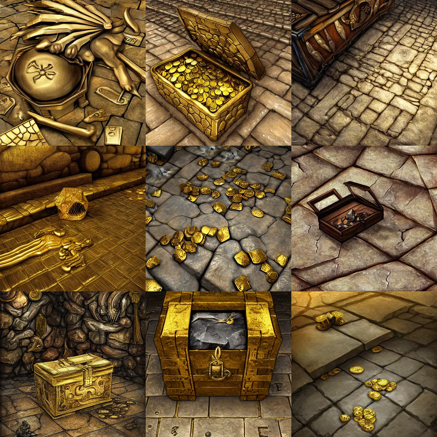 Prompt: stone floor, opened chest with claws and eyes full of gold , dnd fantasy digital art, high detail, realistic