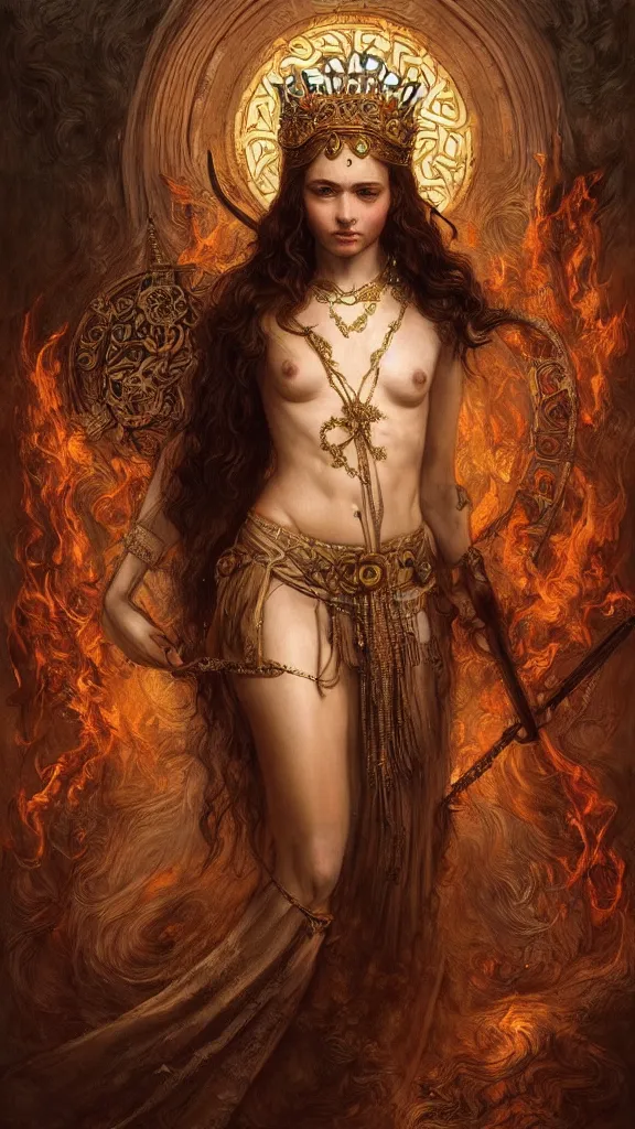 Prompt: breathtaking detailed soft painting full body of a female goddess with a crown and a spear on top of a mountain, celtic culture, rembrandt style, detailed art nouveau stained glass of flames, elegant, highly detailed, artstation, concept art, matte, sharp focus, art by Tom Bagshaw, Artgerm and Greg Rutkowski