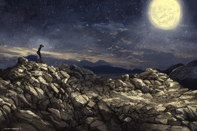 Image similar to Landscape view of a Rocky mountain, only one man climbing the rocks with his bare hands, at a starry night, no lights beside the luminance of the full moon, night atmospheric lights, trending on artstation, hyper detailed