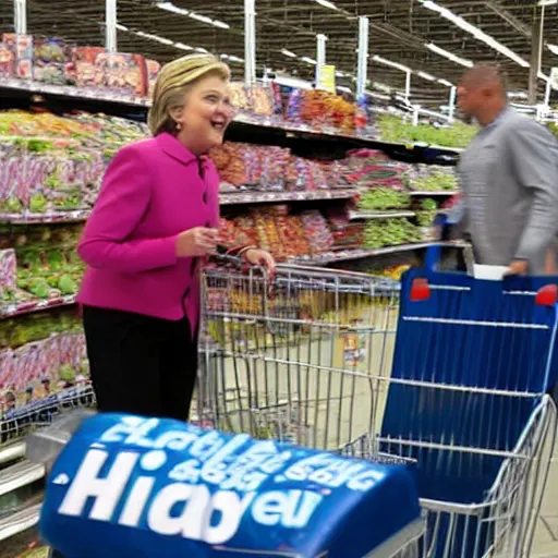 Prompt: a photo of hillary clinton in walmart shopping for grills