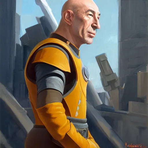 Image similar to greg manchess portrait painting of partially armored jean luc picard as overwatch character, medium shot, asymmetrical, profile picture, organic painting, sunny day, matte painting, bold shapes, hard edges, street art, trending on artstation, by huang guangjian, gil elvgren, ruan jia, greg rutkowski, gaston bussiere