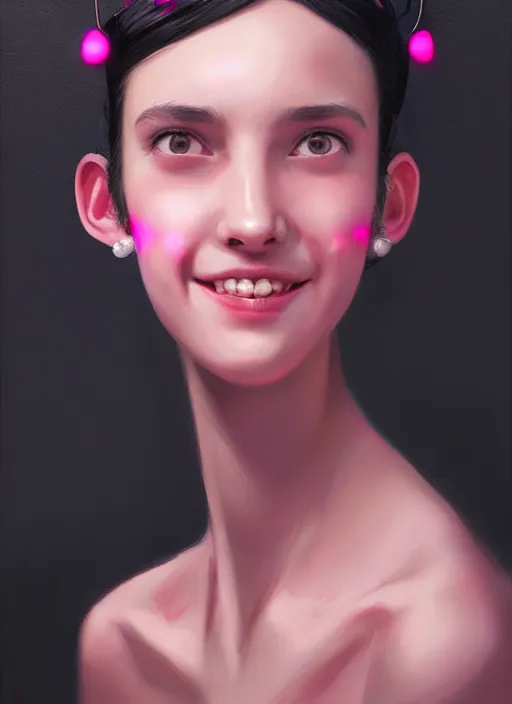 Image similar to portrait of high school girl, realistic, black hair, bangs, half updo hairstyle, pointy nose, skinny, smile, ugly, defined jawline, big chin, pink hair bow, earrings, intricate, elegant, glowing lights, highly detailed, digital painting, artstation, sharp focus, illustration, art by wlop, mars ravelo and greg rutkowski