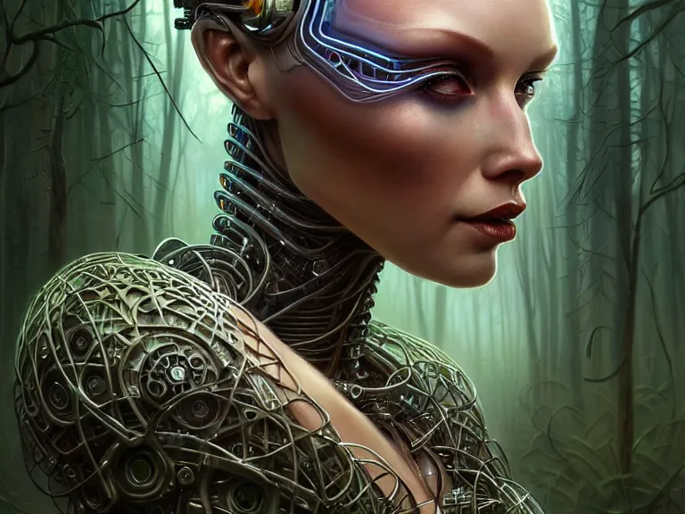 Image similar to portrait shot of a cyberpunk robot woman, in a forest, intricate, elegant, highly detailed, centered, digital painting, artstation, concept art, smooth, sharp focus, illustration, artgerm, tomasz alen kopera, peter mohrbacher, donato giancola, joseph christian leyendecker, wlop, boris vallejo