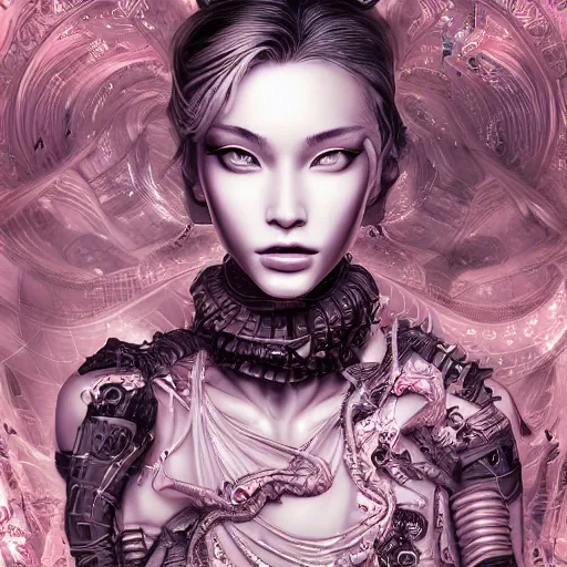 Image similar to the portrait of an absurdly beautiful, graceful, elegant, sophisticated, fashionable cyberpunk gravure idol, an ultrafine hyperdetailed illustration by kim jung gi, irakli nadar, vania zouravliov, intricate linework, bright colors, porcelain skin, unreal engine 5 highly rendered, global illumination, radiant light, detailed and intricate environment