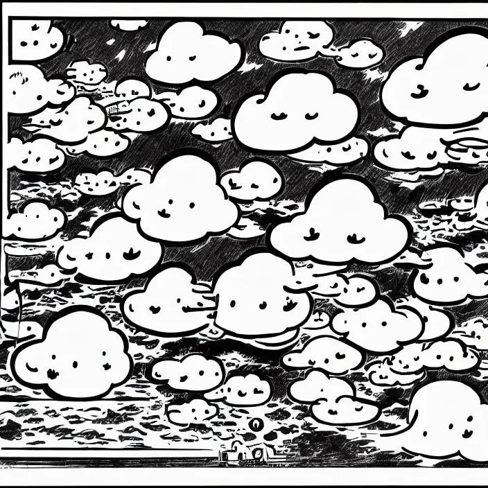 Image similar to a still frame from comic strip a scheme of the smiling cloud 1 9 5 0, herluf bidstrup, new yorker illustration, monochrome contrast bw, vector lineart graphics, manga, tadanori yokoo, simplified,