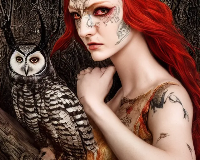 Image similar to 5 5 mm portrait photo of an armored gorgeous anesthetic redhead woman warrior with a face tattoo and horns growing from her head, and owl sitting on her shoulder in a magical forest in the style of stefan kostic, art by luis royo. highly detailed 8 k. intricate. lifelike. soft light. nikon d 8 5 0. cinematic post - processing