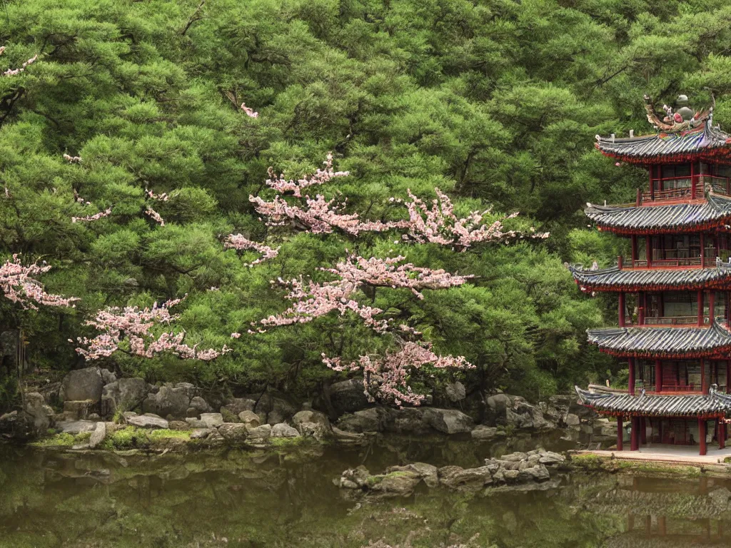 Image similar to a mysterious chinese temple in the deep forest, surrounded by many peach blossoms, a clear stream flowing through, 8 k