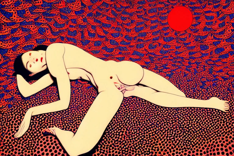 Image similar to realistic detailed image of a woman laying down in a padded room, conjuring psychedelic background, part by takato yamamoto, part by yayoi kusama, part by alex gray, ross tran, james jean, ultra realistic, highly detailed, 8 k, trending on artstation, very cohesive, masterpiece