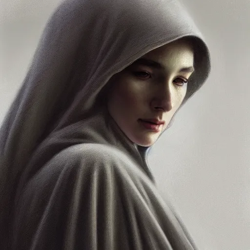 Image similar to Portrait of a woman wearing a hooded robe, medium shot, intricate, elegant, highly detailed, digital painting, artstation, concept art, smooth, sharp focus, illustration, art by artgerm and greg rutkowski and alphonse mucha, by beksinski