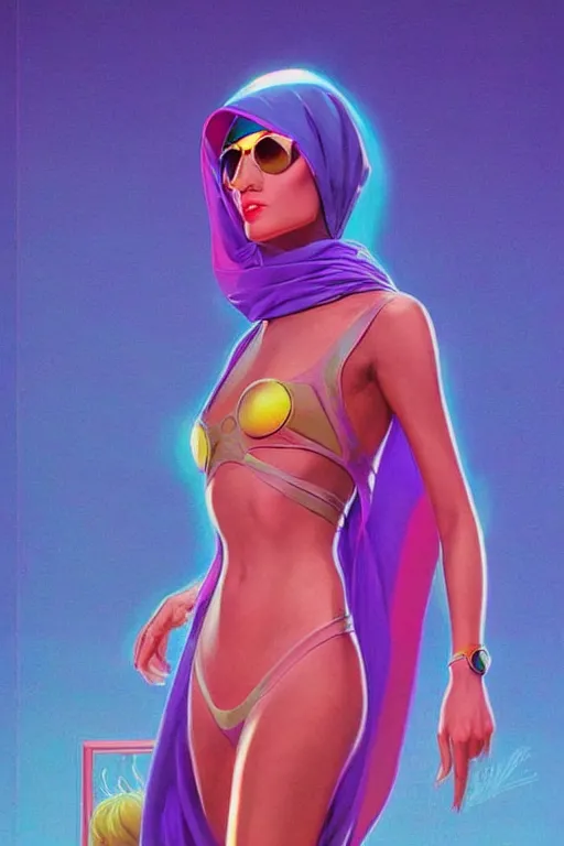 Image similar to 🧕🏽🌈, 8 0 s art deco, artstation, moebius + artgerm, hd,