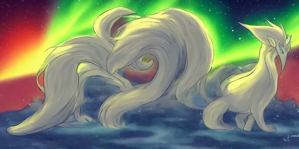 Image similar to Alolan Ninetales shiny, standing on an snowy hill with an aurora borealis in the night sky, Pokémon,