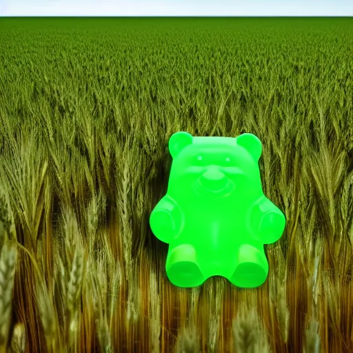 Image similar to Giant green gummy bear sitting in a wheat field, dslr, 8k, photorealistic, cinematic, ray tracing,