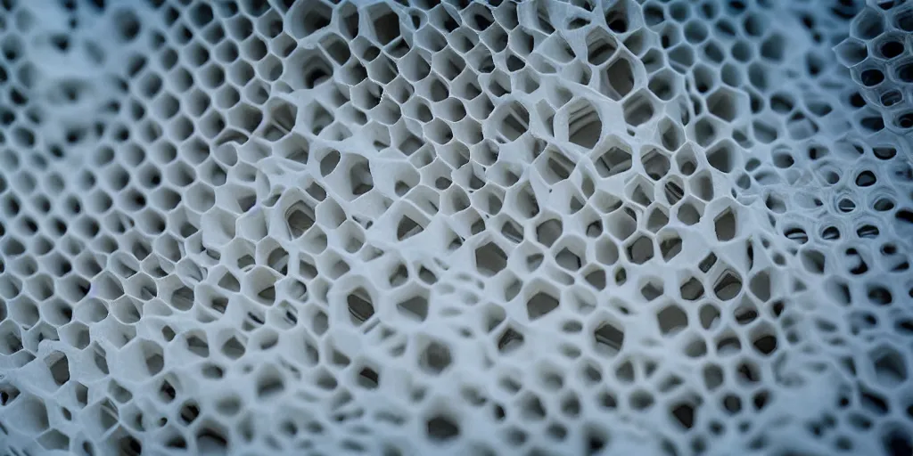 Image similar to real white honeycomb organic building, film still from the movie directed by denis villeneuve aesthetic with art direction by zdzisław beksinski, telephoto lens, shallow depth of field