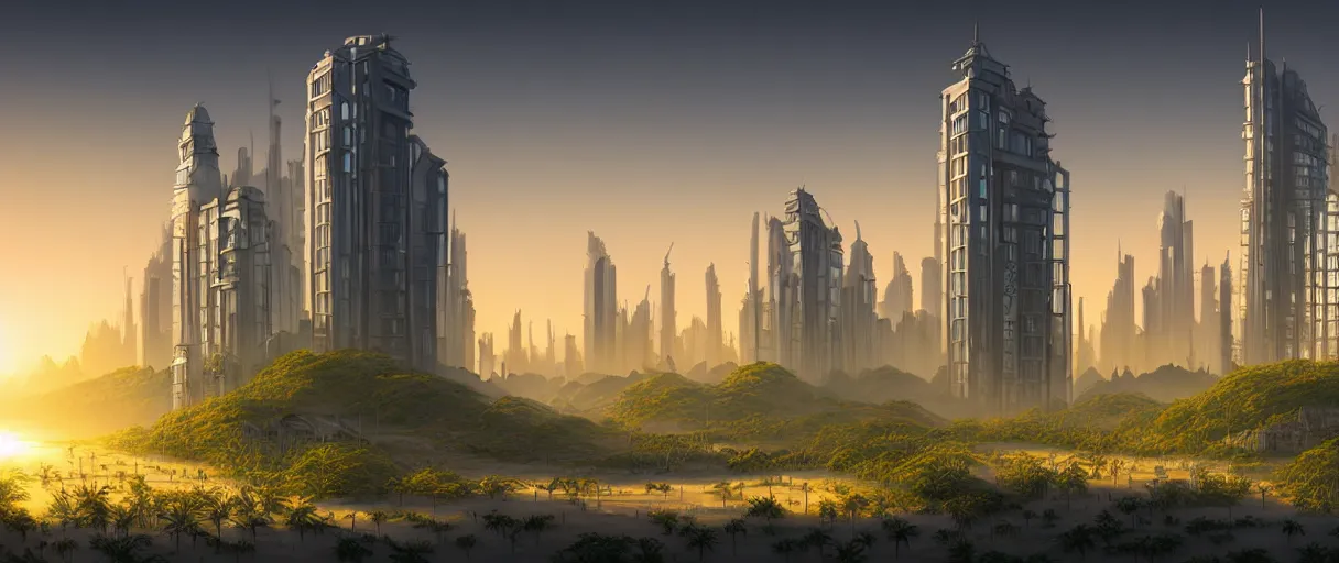 Prompt: matte painting solarpunk cityscape plants highly detailed sunrise