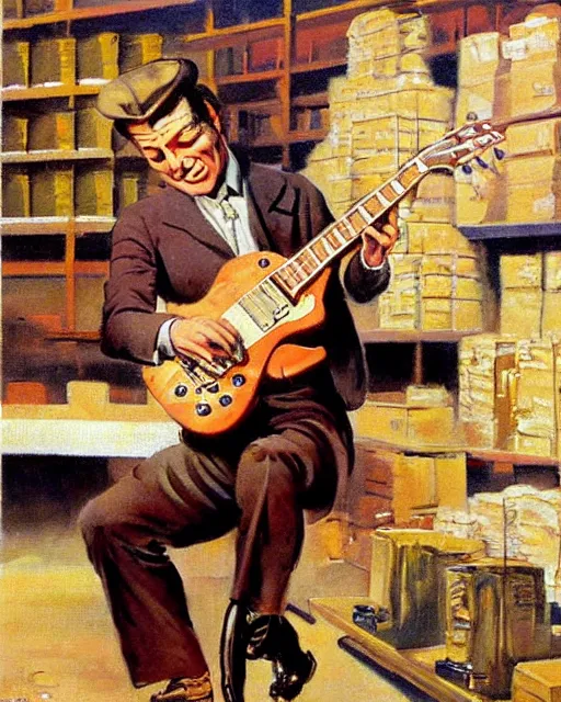 Image similar to Snake Oil salesman shredding on a Gibson Les Paul in a snake oil warehouse, painting by Frank Frazetta