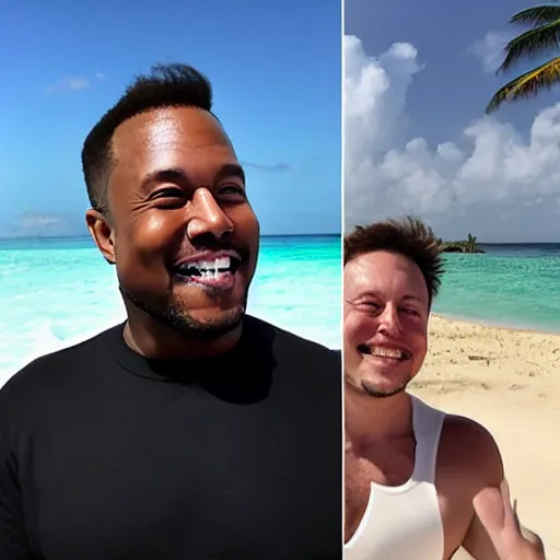 Image similar to elon musk and kanye west happy smiling laughing walking around the beach in aruba