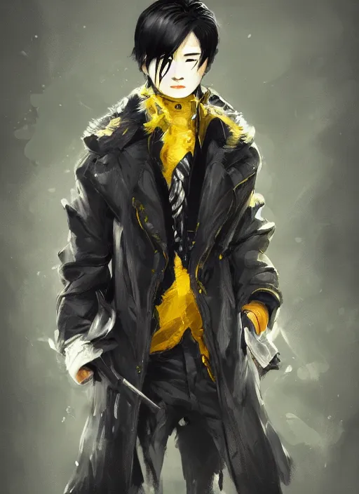 Image similar to a highly detailed illustration of young attractive japanese guy wearing black detective coat, yellow eyes, dramatic standing pose, hyperdetailed perfect face, perfect eyes, intricate, elegant, highly detailed, centered, digital painting, artstation, concept art, smooth, sharp focus, league of legends concept art, wlop.