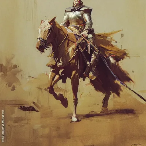 Prompt: portrait of man on horseback holding jousting lance, caparisons, by greg manchess, bernie fuchs, ruan jia, walter everett