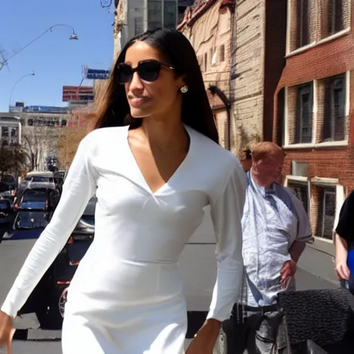 Image similar to photo of aoc as a blond caucasian woman, white dress