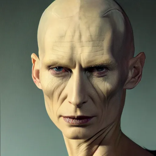 Image similar to ultra realistic portrait painting of tilda swinton as lord voldemort, art by frank frazetta, 4 k, ultra realistic, highly detailed, epic lighting