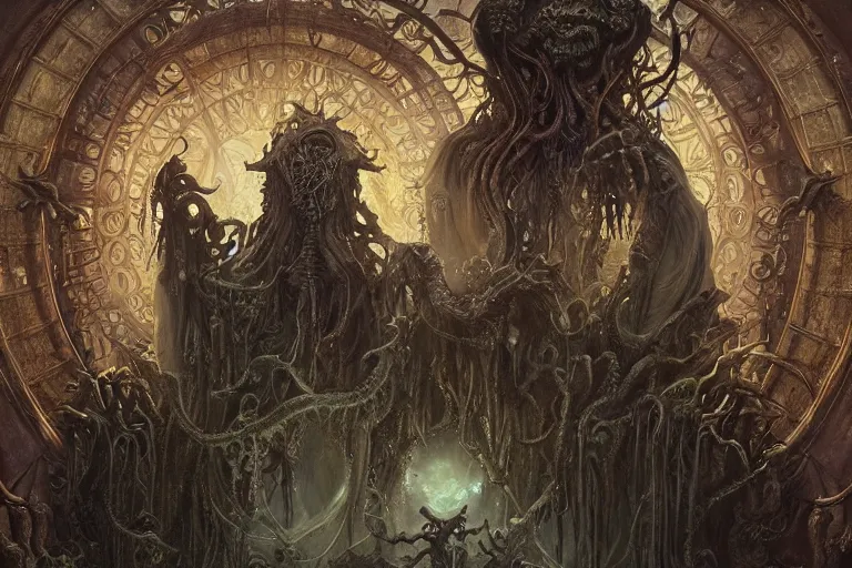 Image similar to a lovecraftian painting of a demonic shrine, occult, moster summoning, warlocks ritual, cosmic horror elements, ultra realistic, concept art, intricate details, eerie, highly detailed, photorealistic, octane render, 8 k, unreal engine. art by artgerm and greg rutkowski and alphonse mucha