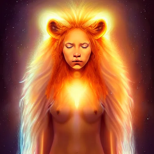 Image similar to Portrait of a girl angel with pale orange colored frizzy strands of illuminated hair, Lion essence, cat ears on her head, glowing halo, Lion's Mane, Cosmic, Lion's Gate, 8/8, fantasy, intricate, elegant, highly detailed, digital painting, artstation, concept art, smooth, sharp focus, illustration, art by Krenz Cushart and Artem Demura and alphonse mucha