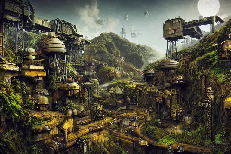 Prompt: sci - fi favela sculpture, wartime jungle environment, industrial factory, cliffs, sunny, milky way, award winning art, epic dreamlike fantasy landscape, ultra realistic,