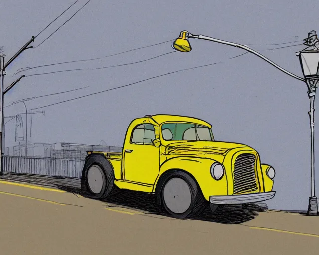 Image similar to a study of cell shaded cartoon of a yellow truck on a country road, street lamps, road, illustration, wide shot, subtle colors, post grunge, concept art by josan gonzales and wlop, by james jean, Victo ngai, David Rubín, Mike Mignola, Laurie Greasley, highly detailed, sharp focus, alien, Trending on Artstation, HQ, deviantart, art by artgem