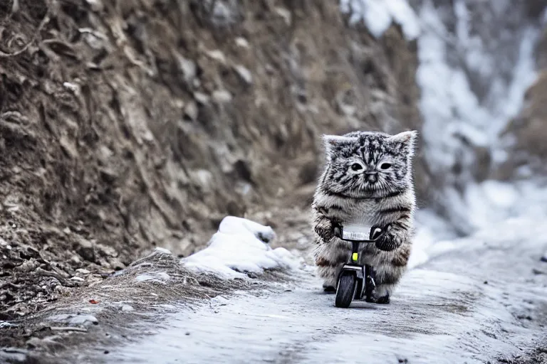 Prompt: wildlife photography of a Pallas cat riding a scooter, by Emmanuel Lubezki