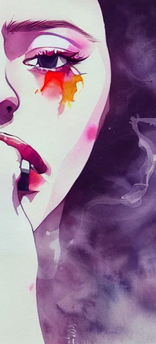 Prompt: the mouth of a young woman breathing out smoke, closeup!!, thick swirling smoke everywhere, by conrad roset, brush strokes, watercolor trending on artstation
