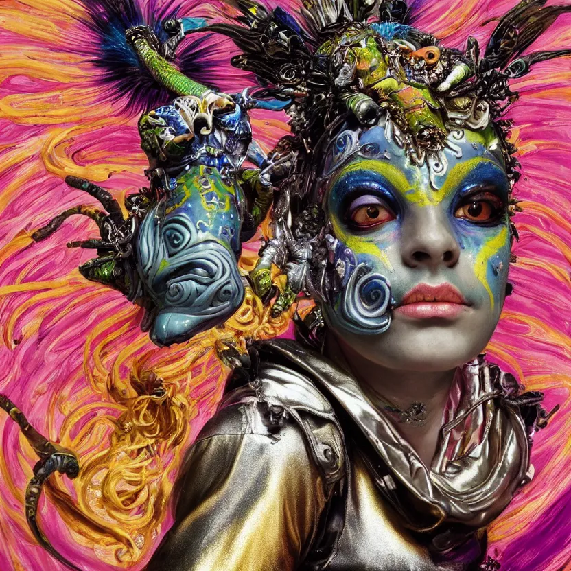 Prompt: a baroque close - up portrait of a fantasy alien cyborg shaman goddess wearing facepaint and a colorful floral futuristic chameleon visor with metallic technology, holding a bird. black background. studio lighting, big eyes. highly detailed science fiction fantasy painting by norman rockwell, moebius, frank frazetta, syd mead, and sandro botticelli. high contrast. renaissance masterpiece. artstation.