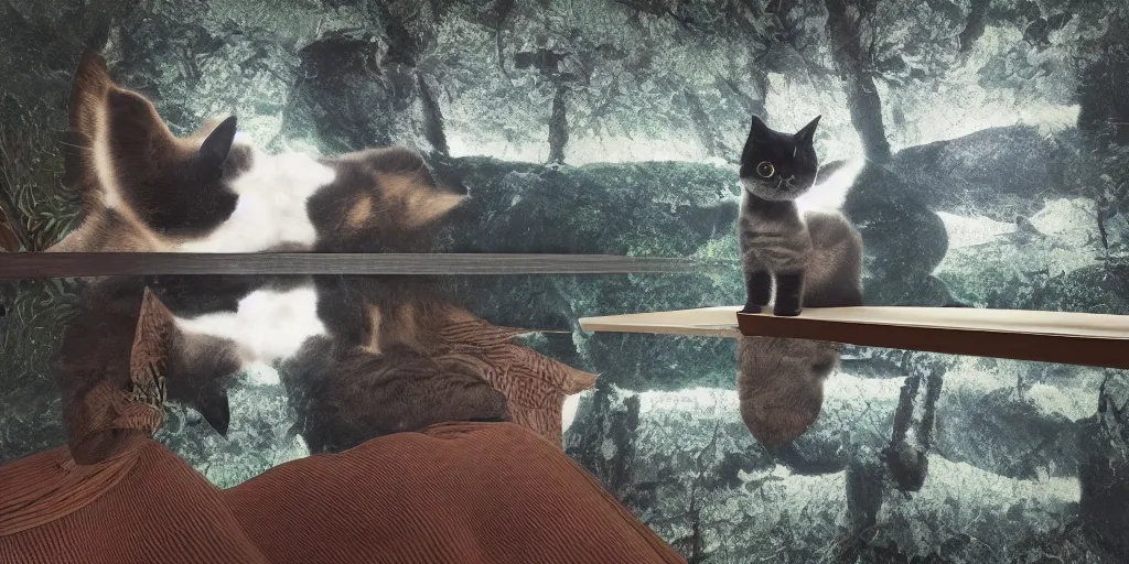 Prompt: an exotic shorthair cat enjoying an infinity room in the style of twin peaks. Mirror, 8k, photorealistic, confused