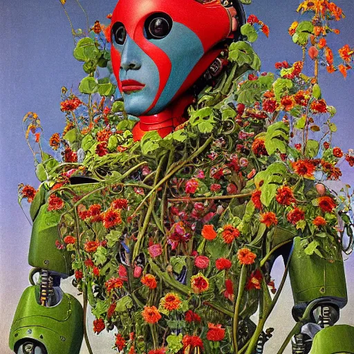 Image similar to A colorful, detailed print - A portrait of a robot composed entirely of flowers and vines. by Arnold Bocklin and Barclay Shaw, masterful print. 4k, unreal engine stunning Art Nouveau