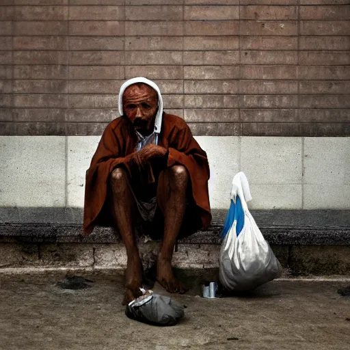 Image similar to portrait of a homeless billionaire, by Steve McCurry, clean, detailed, award winning