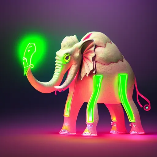 Image similar to a realistic antropomorphic pink elephant dressing necromancer clothes sited in a xenomorphic throne with glow neon eyes, finely detailed, 4 k, photorealistic, cycles engine,