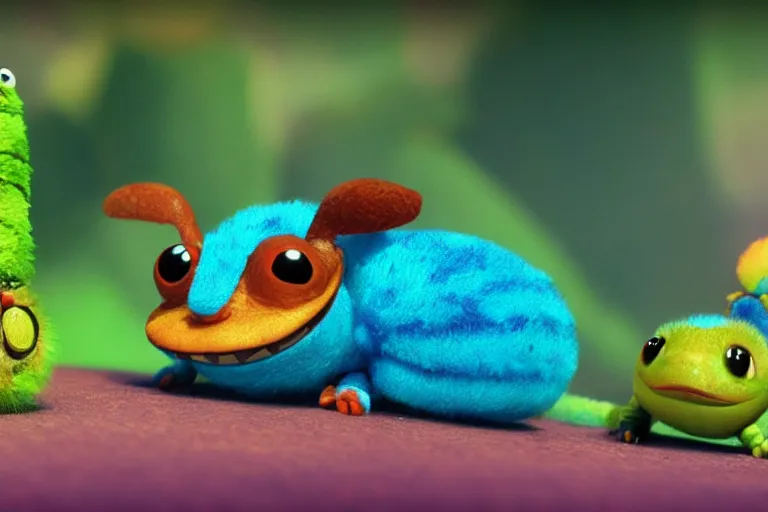 Image similar to disney pixar's a bug's life, cgi caterpillar colorful, furry caterpillar