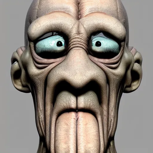 Image similar to squidward realistic skin 8k, detailed, high detailed, terrifying, eerie, deformed.