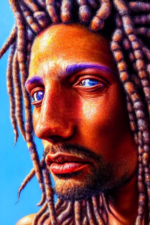 Image similar to hyperrealistic close - up portrait of psychedelic!!!!!!!!!! neuro - shaman dreadlocks hippy highly detailed concept art eric zener elson peter cinematic hard lighting high angle hd 8 k sharp shallow depth of field, inspired by denis villeneuve and zdzisław beksinski