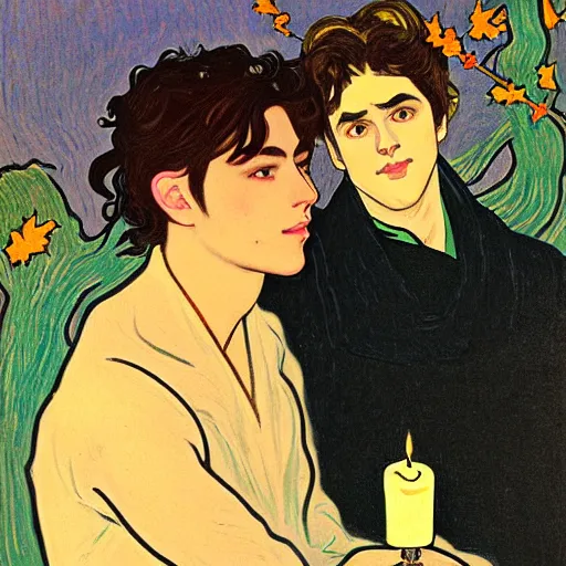 Image similar to painting of young cute handsome beautiful dark medium wavy hair man in his 2 0 s named shadow taehyung and cute handsome beautiful min - jun together at the halloween party, bubbling cauldron, candles, smoke, tarot, autumn colors, elegant, stylized, soft facial features, delicate facial features, art by alphonse mucha, vincent van gogh, egon schiele